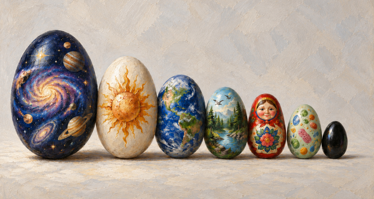 Painted Matryoshka dolls nesting the cosmos, sun, Earth, habitat, person, and cells